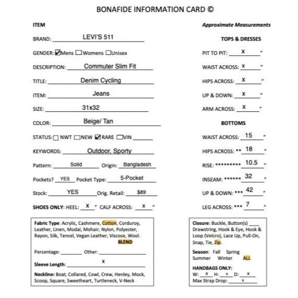 LEVI'S 511 Mens Commuter Slim Fit Denim Cycling Jeans Size 31x32 Beige Tan RARE - Picture 12 of 12